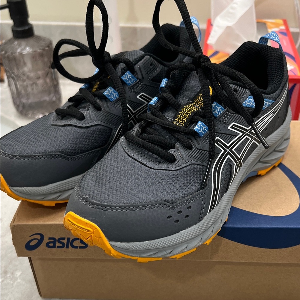 Asics Charcoal and Black Shoes with Bright Yellow Highlights